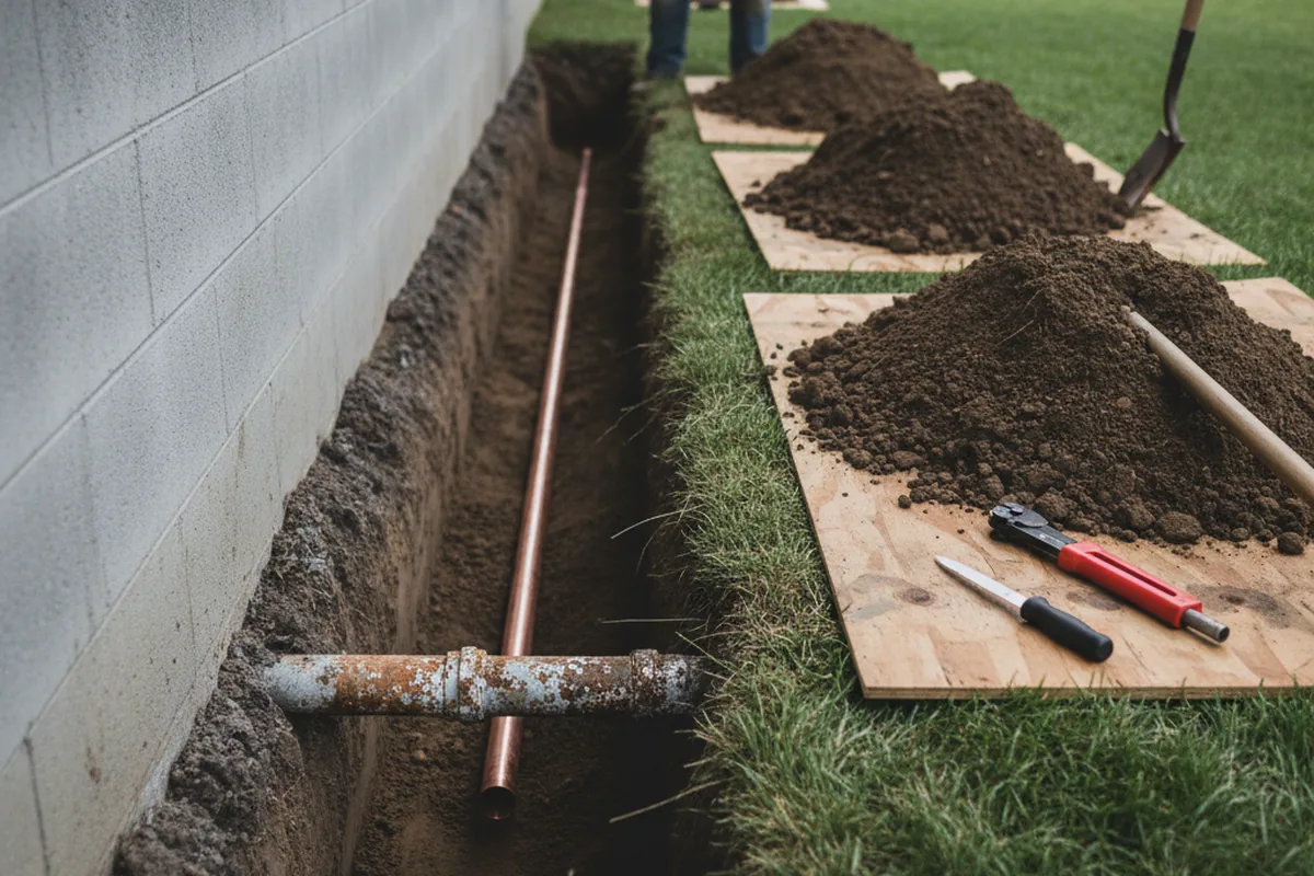 Excavated water line trench during Water Softener Installation in North Liberty